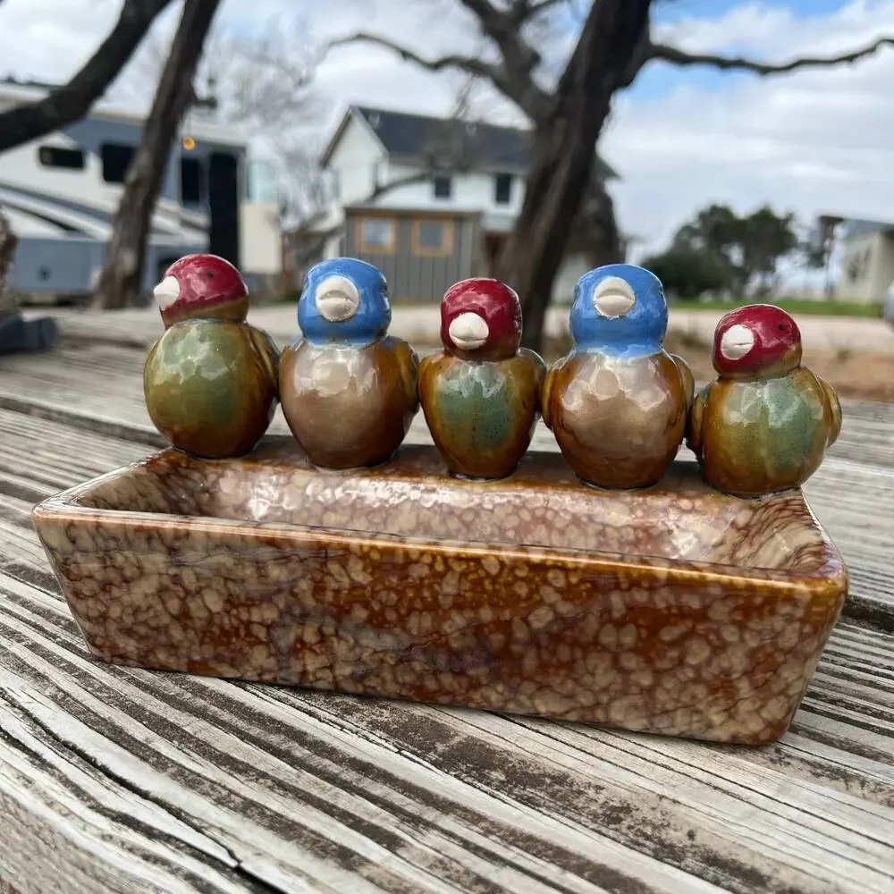 Vintage Hand Painted Ceramic Bird Tray Rustic Pottery Catchall Farmhouse Dish